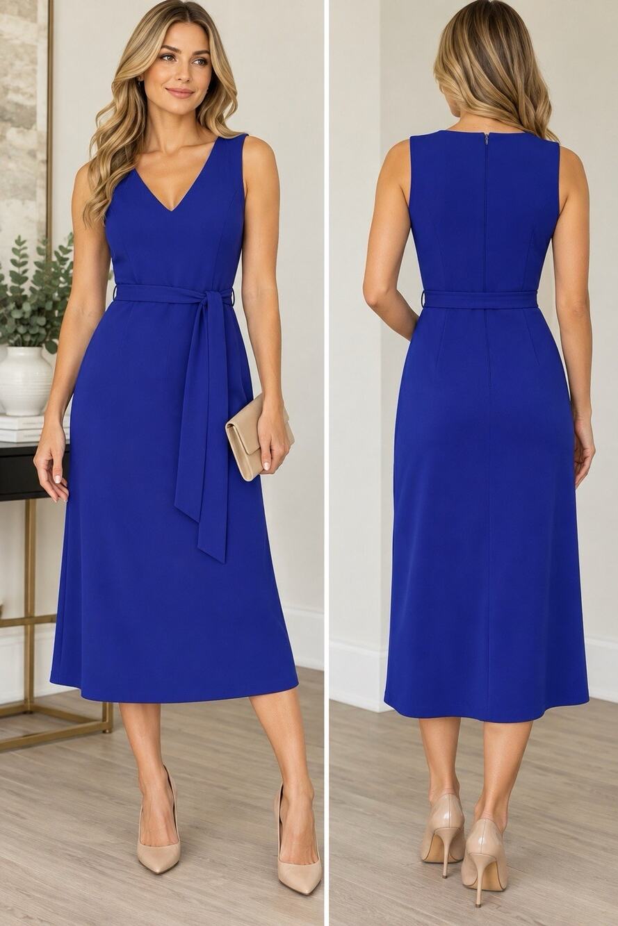 Calvin Klein Blue Belted V-Neck Sleeveless Midi Dress Size 4